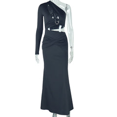 Solid Color Hollow Out Cutout out Bare Cropped Slim Fit Hip Dress Asymmetric One Shoulder Split Sleeve Diagonal Collar Dress