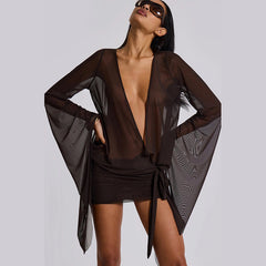 Deep V Plunge See through Backless Lace up Solid Color Sheath Short