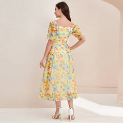 French Elegant High Waist Square Collar Dress