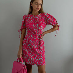 Floral Round Neck Short Sleeves Lace Up Slimming Dress