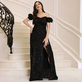 Short Sleeved Elegant Long Sequined Off Neck Backless Cocktail Evening Dress Bridesmaid Dress