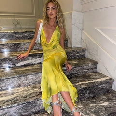 Elegant Slightly Mature Halter Deep V Plunge Printed Long Lotus Leaf Dress