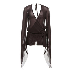 Deep V Plunge See through Backless Lace up Solid Color Sheath Short