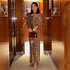 Square Collar Leopard Sequ Back Slit Long Sheath Dress