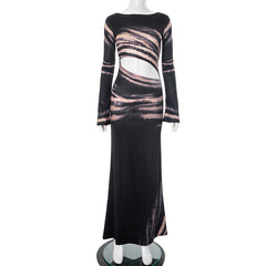 Twill Printed Waist Hollow Out Cutout Sheath Dress