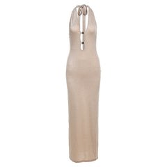 Elegant Halter Backless Tied V neck Slim Fit Dress Maxi Dress for
