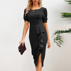 Vestido elegante de negocios ajustado con volantes y abertura popular