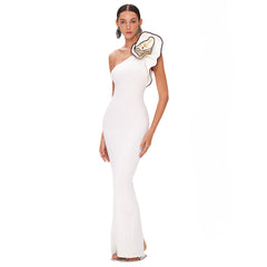 White One Shoulder Floral Black Hook Slim Fit Maxi Dress Backless Dress Bandage Elastic Dress