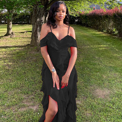 Solid Color Dress Spaghetti Straps Sleeveless Ruffled Irregular Asymmetric Maxi Dress