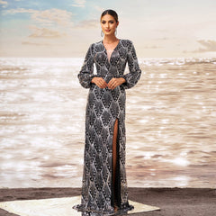 Long Sleeved V neck Cocktail Sequined Hip Split Evening Dress Bridesmaid