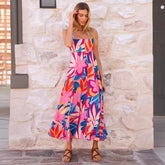 Printed Suspender Waist Slimming Maxi Dress Backless Slimming Dress