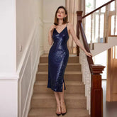 Strap Elegant Dress Sequined V neck High Waist Short Dress