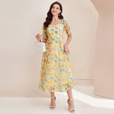 French Elegant High Waist Square Collar Dress