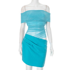 Mesh Stitching off Neck Transparent Slim Fit Sheath Dress