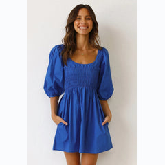 Solid Color U-Collar Tight Waist Fresh Sweet Short Dress