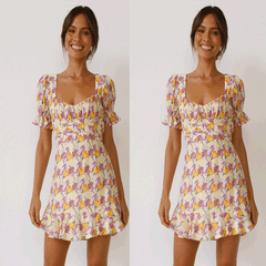 Kurzes Kleid mit digitalem Blumenmuster, frisch und süß, in A-Linie