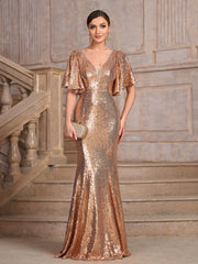 V neck Half Sleeve Solid Color Sequ Elegant Slim Fit Fishtail Evening Dresses