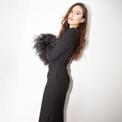 Black Long Sleeved Hollow Out Cutout out One Shoulder Feather Dress Dress