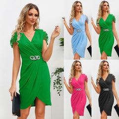 V-neck Pleated Waist Tight V neck Short Sleeve Dress Elegant Show Clothes