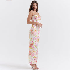 Dress Printed Strap Dress Backless Slit Vacation Floral Dress for