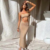 Mesh Camisole Vest Cropped Midi Dress Two Piece Vacation Sequined Sets