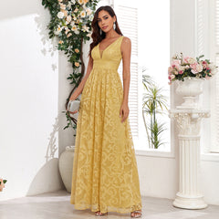 Sleeveless Pattern Lace Double V neck Elegant Evening Dress a Large Swing Back Zipper Full Lining Party Maxi Dress