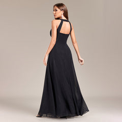 Halter Backless Pleated Waist Party Back Zipper Black a Large Swing Fully Lined Evening Dress