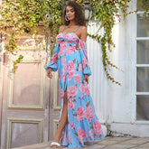 off-Neck Suspenders Halter Socialite Light Luxury Printed Evening Dress for