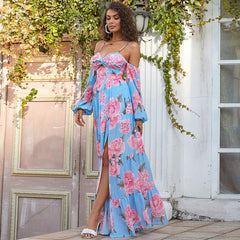 off-Neck Suspenders Halter Socialite Light Luxury Printed Evening Dress for