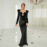 Elegant Long Sleeved Long Velvet Square Collar Annual Party Party Evening Dress Bridesmaid Dress for