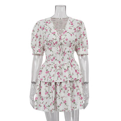 V Neck Lace Up Ruffled Floral Dress Short Sleeve A Line