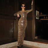 Square Collar Leopard Sequ Back Slit Long Sheath Dress
