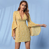 Popular Printed Waist Controlled Low Cut Romantic Vacation Bay Sleeve Dress