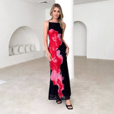 Type Slim Fit Sling Contrast Color Floral Print Dress Maxi