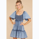 Close-Fitting Fresh Sweet Babydoll Denim Dress Smocked