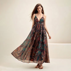 French Elegant Vacation Dress Printed V neck Seaside Strap Dress