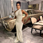 Elegant Oblique Shoulder Single Shoulder Solid Color Slim Slimming Dress