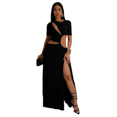 Waist Hollow Out Cutout out Irregular Asymmetric Maxi Dress Solid Color Split Dress