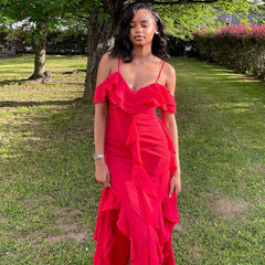 Solid Color Dress Spaghetti Straps Sleeveless Ruffled Irregular Asymmetric Maxi Dress