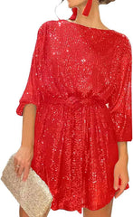 Sequined Round Neck Long Sleeve Casual Loose Beaded Dress