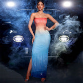 Vestido de cóctel con top de tubo y diamantes de imitación en color degradado