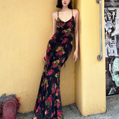 Colorful floral pattern fitted fishtail maxi dress