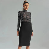 Mesh Stitching Bandage One Piece Turtleneck Diamond Nightclub Party Dress