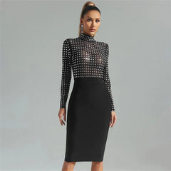 Mesh Stitching Bandage One Piece Turtleneck Diamond Nightclub Party Dress