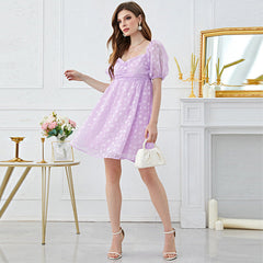 French Square Collar Puff Sleeve High Waist Pettidress Backless Dress
