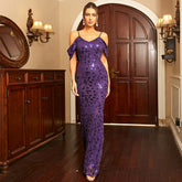 Sleeveless Elegant Long Sequined V neck Backless Cocktail Evening Dress Bridesmaid Cami Maxi Dress