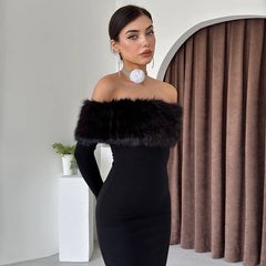 Maxi Dress Elegant off Shoulder Fur Collar Slim Fit