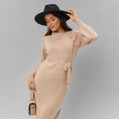 Collared Beveled Button Knitted Dress Casual Woolen