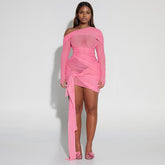 Wear Off Neck Design Pleated Dress Dopamine Sexy