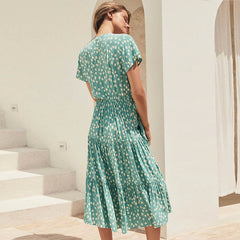 Vacation Casual V neck Buttons Small Floral Print Short Sleeve Dress